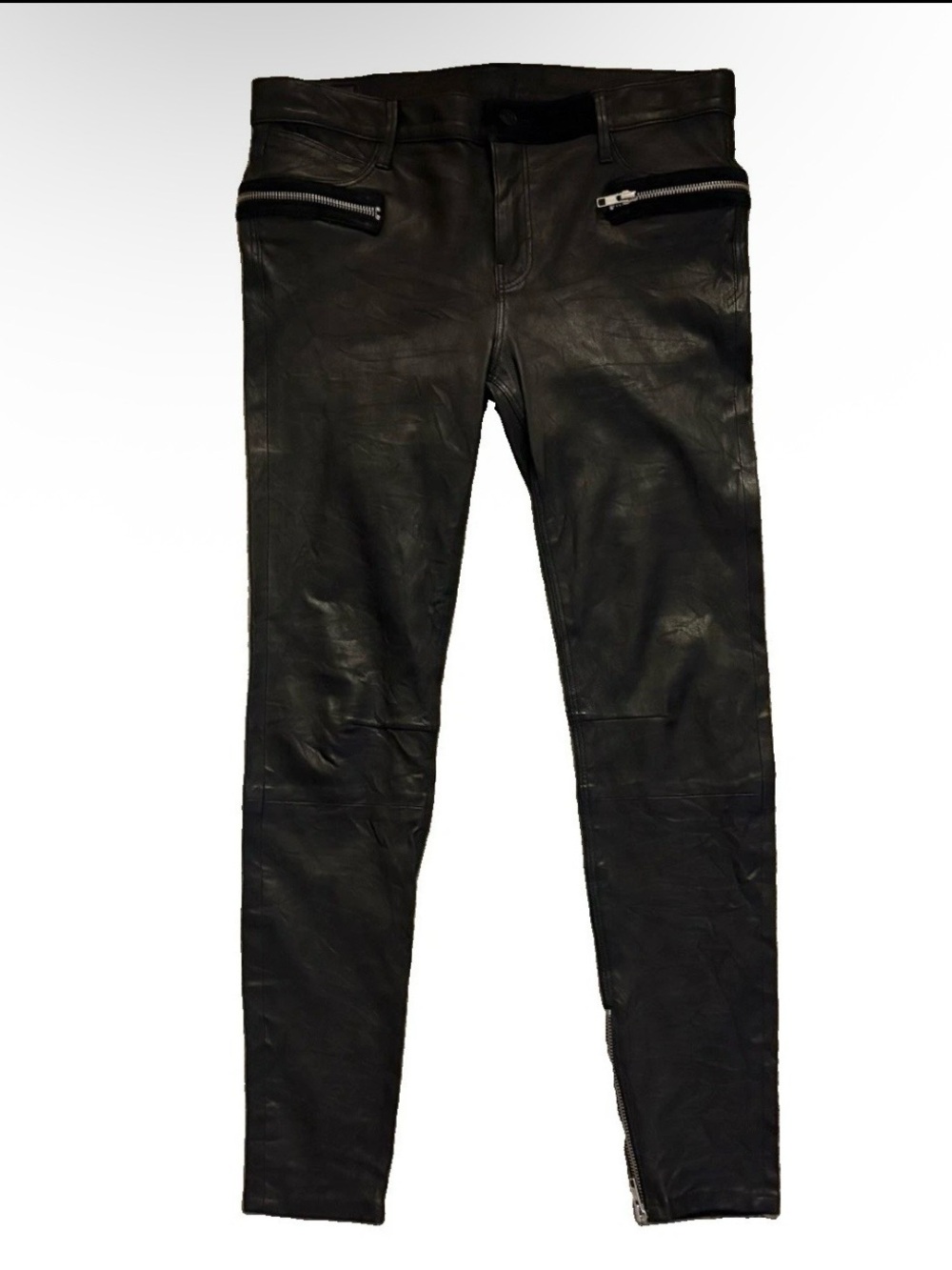 Rta Lambskin Soft Black Leather Stretch Skinny Fit Ankle Zip Pants Womens 29